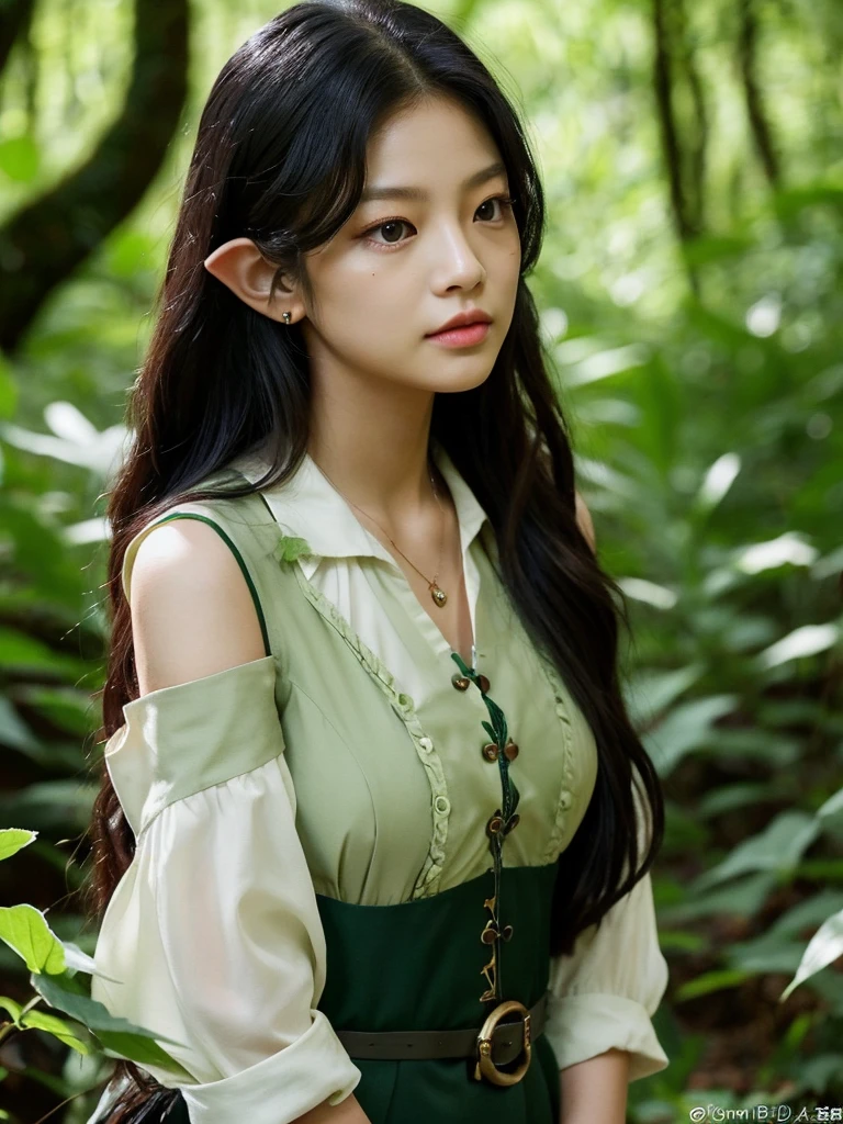 Create an image of Kim Jennie from blackpink. In a lush forest with dark colors. Raven haired, with hair behind the shoulders and short, dressed as an elf. Preferably busty and not too remote.