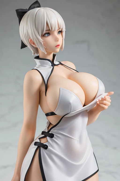 figure of a big breast white short hair, sweaty cleavage, sexy china dress 