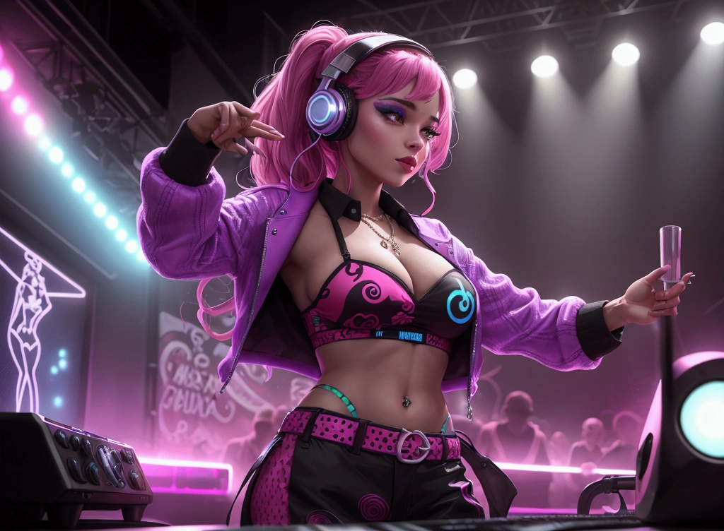A range of stylistic variations of a woman dancing in a club, with colorful lights and a DJ in the background, all while wearing a fashionable outfit and listening to hip hop music through her headphones.