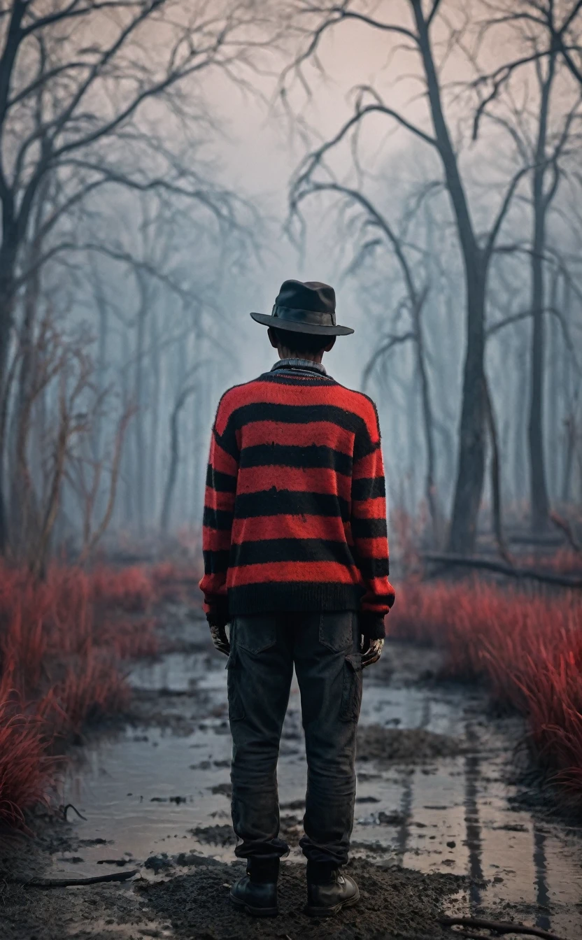 8k、Horror-themed movies,Ultra HD、Amazing image quality,4k、A Nightmare on Elm Street、Freddy、Wearing a hat、Burned Skin、Red and black striped sweater、nails are long、Full Body Shot,Give the viewer a malicious look, Grabbing Viewer, For the viewer,Misty marshland background,Shallow depth of field, Vignette, Very detailed, High budget, Bokeh, CinemaScope, Sulky, amazing, nice, Film Grain, granular . Creepy, Anxious, dark, Creepyな, Suspenseful, strict, Very detailed
