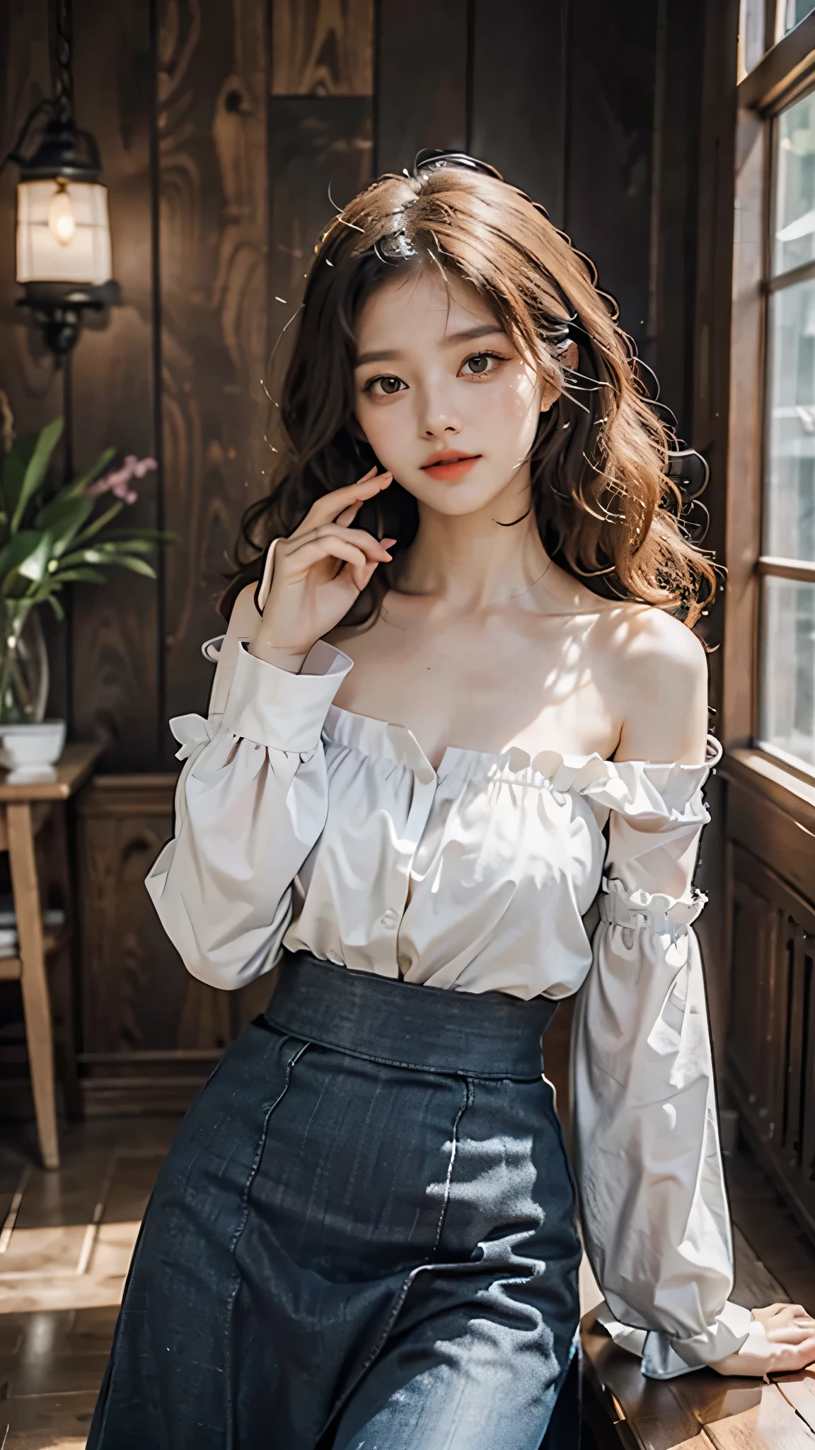 detailed background, masterpiece, best quality, 1 person , curly hair, long hair, purple eyes, star in eye , blue Strapless blouse, long skirt, cute different poses, indoor wood furniture
