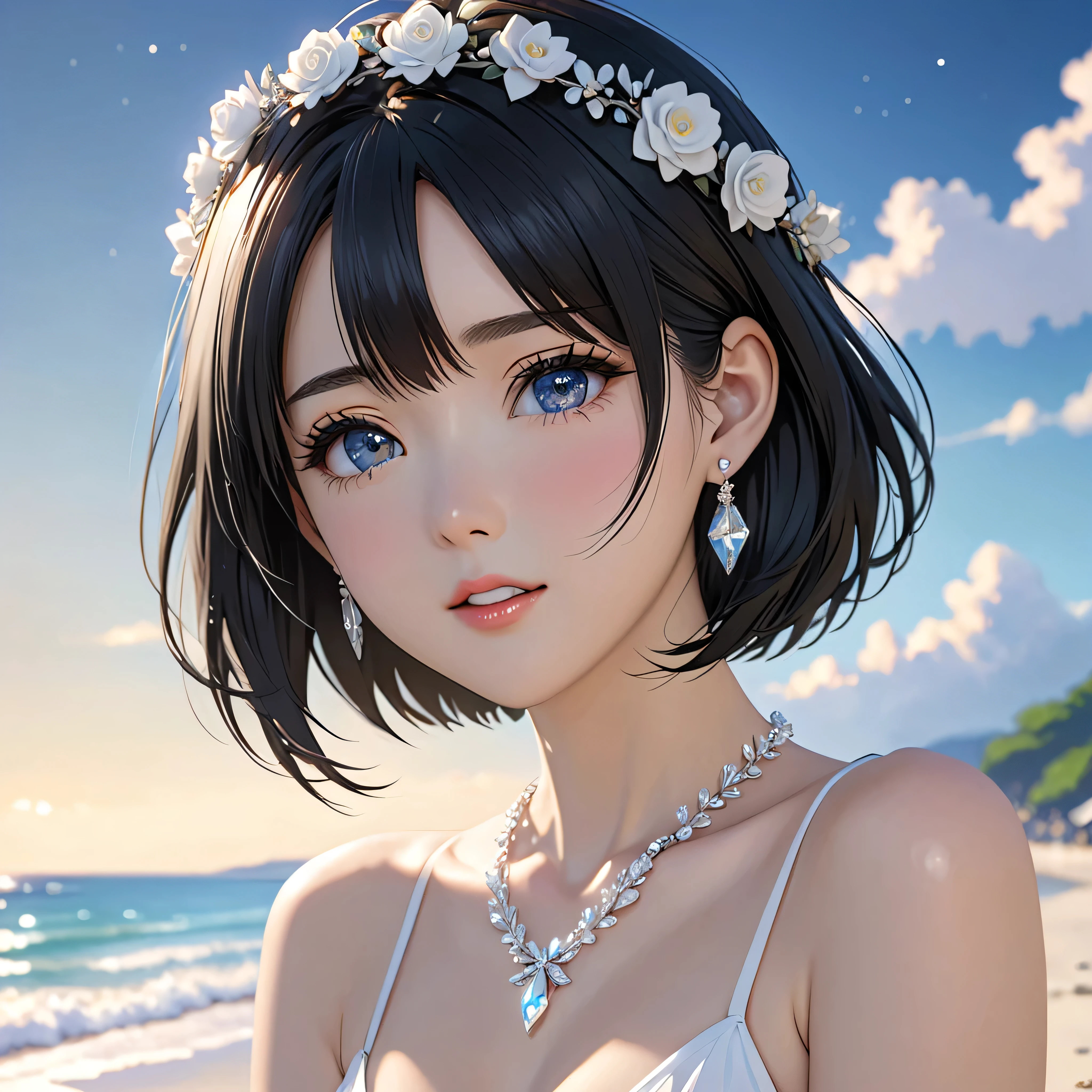 National Science Foundation,masterpiece,High resolution,8k,Art,digit,Three-dimensional,Realism,Kyoto Animation Style,your name movie style,looking into camera,On the scenic beach,(1 girl: 1.3),(alone: 1.4),(Upper body nudity),White rose crown,white crystal necklace,White crystal earrings,Black hair,Long eyelashes,Slender legs,Short Bob,Close-up of upper body,Close-up,(Close up),Eyes as deep as the starry sky,shy,blush,open mouth