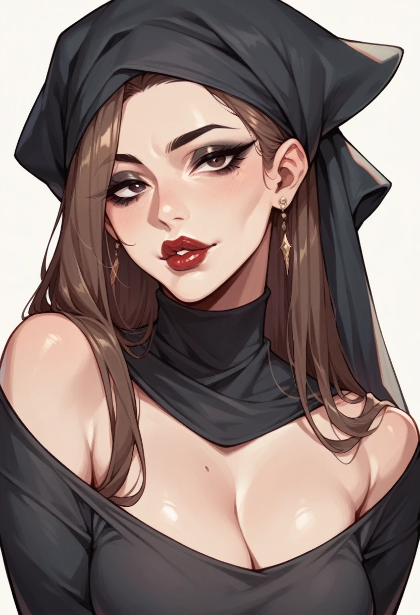 Mature woman, solo, light skin, dark brown long thin hair, makeup, black eyeliner, red big lips, black shirt, black headscarf 