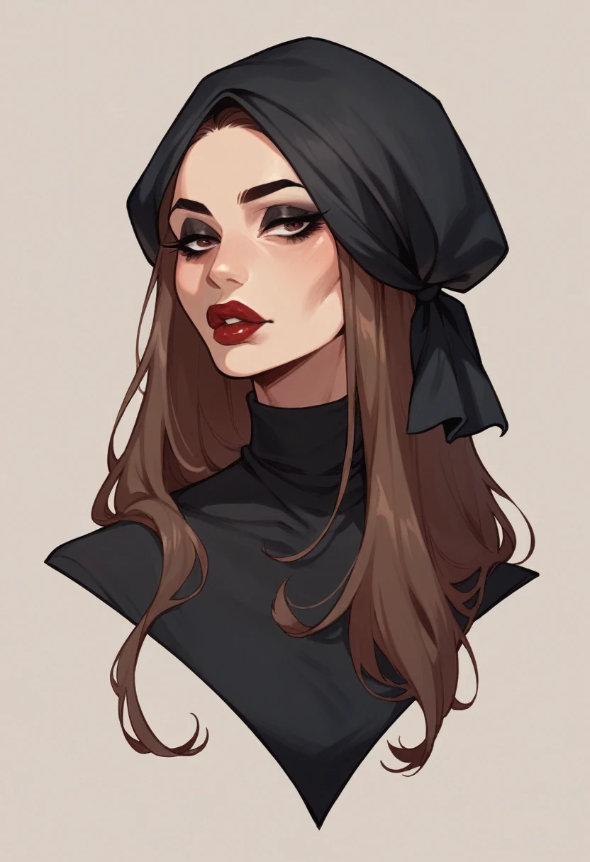 Mature woman, solo, light skin, dark brown long thin hair, makeup, black eyeliner, red big lips, black shirt, black headscarf