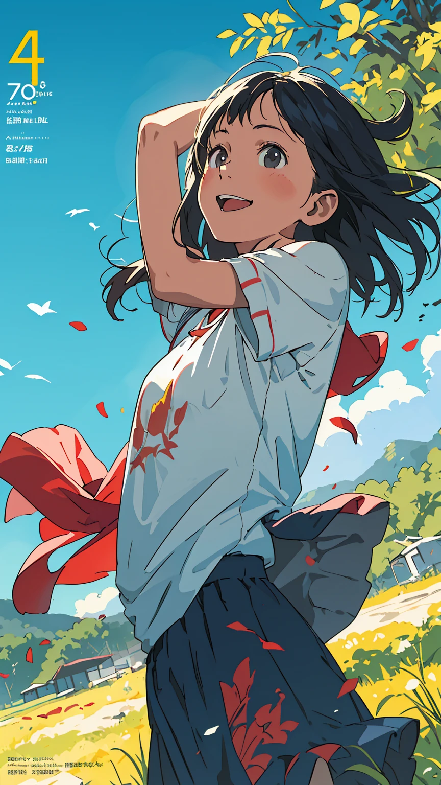 Reasonable design, Clear lines, High Sharpness, (Highest quality,4K,Perfect sharpness,Ultra-fine,High resolution,masterpiece:1.2), Perfect Anatomy:1.5, Official Art, Illustrations that tell a story, (Whitish background:0. 9)、Body Positivity、Diverse physical expressions、((Random and energetic poses))、Perfect beauty、Perfect beautiful face、(Strong winds)、Rich expressiveness、Dynamic configuration、smile、Golden ratio composition、colorful、((Different angles and perspectives))、Anime Drawing Skirt、(Overcoming stereotypes)、 Glowing Skin、(Natural Beauty)、bangs、Straight hair、(Soft and flowing hair)、(countryside)、(Nostalgic atmosphere)、Put it on your feet、(Playful and easygoing)、(diverse characters)、(Graceful posture)、(Sunny atmosphere)、(Bright colors)、Inserted up to the thighs、Skirt fluttering in the wind、Angle from above、Cheerful girl、Weekly magazine cover、
