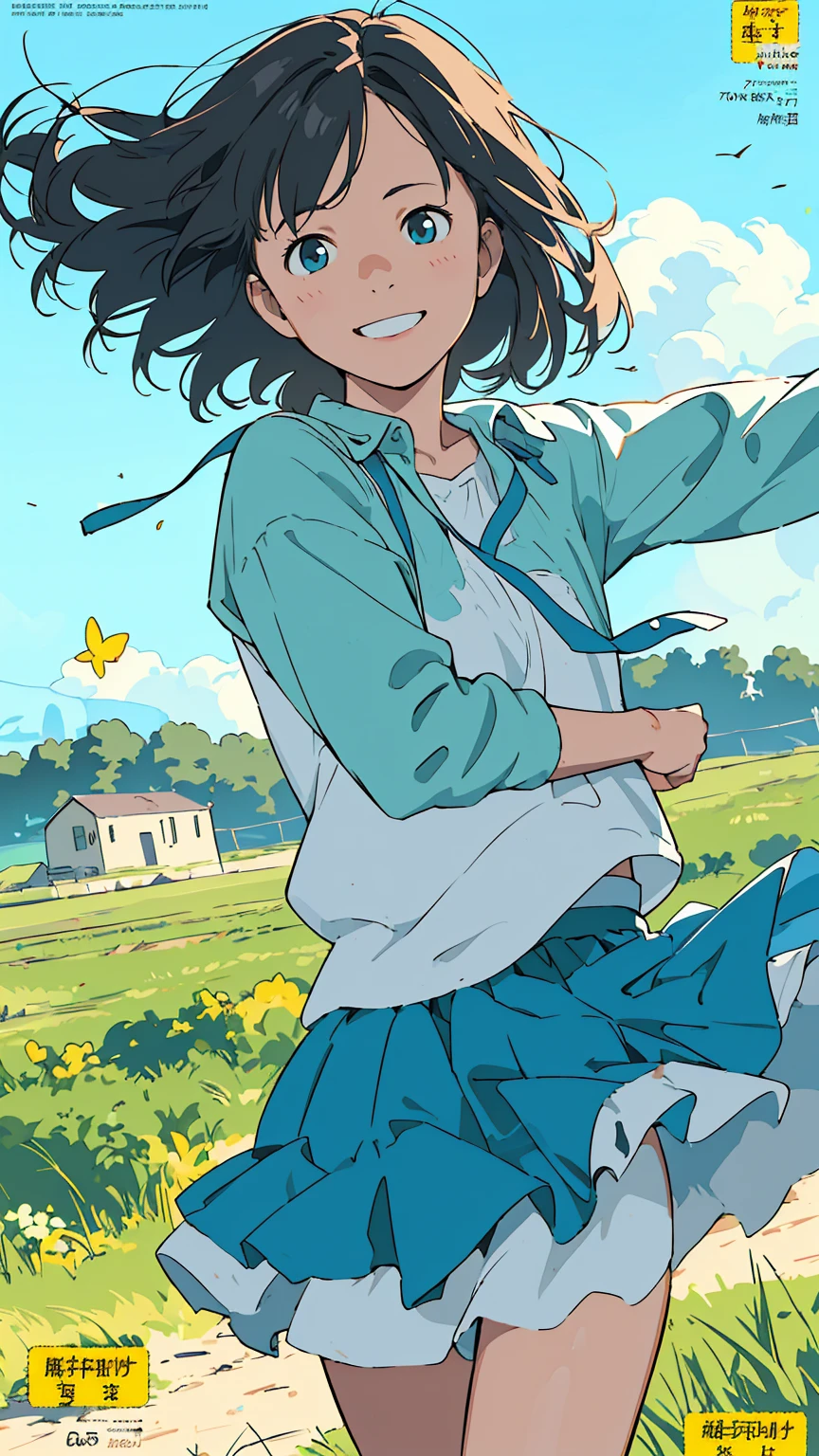 Reasonable design, Clear lines, High Sharpness, (Highest quality,4K,Perfect sharpness,Ultra-fine,High resolution,masterpiece:1.2), Perfect Anatomy:1.5, Official Art, Illustrations that tell a story, (Whitish background:0. 9)、Body Positivity、Diverse physical expressions、((Random and energetic poses))、Perfect beauty、Perfect beautiful face、(Strong winds)、Rich expressiveness、Dynamic configuration、smile、Golden ratio composition、colorful、((Different angles and perspectives))、Anime Drawing Skirt、(Overcoming stereotypes)、 Glowing Skin、(Natural Beauty)、bangs、Straight hair、(Soft and flowing hair)、(countryside)、(Nostalgic atmosphere)、Put it on your feet、(Playful and easygoing)、(diverse characters)、(Graceful posture)、(Sunny atmosphere)、(Bright colors)、Inserted up to the thighs、Skirt fluttering in the wind、Angle from above、Cheerful girl、Weekly magazine cover、
