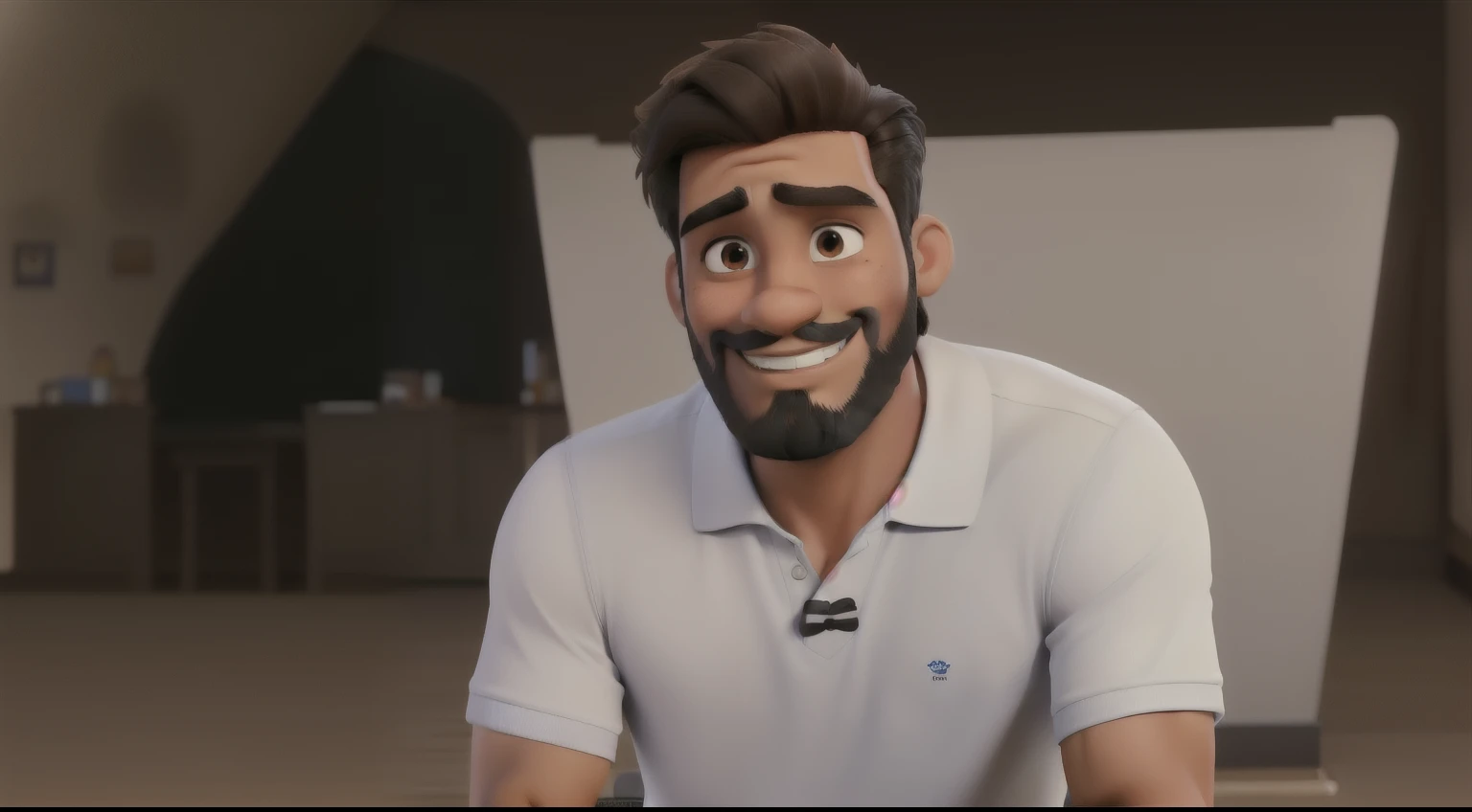 man dark brown hair, Short and neat, brown dark eyes, medium brown skin, Height Approximately 1,75 m, Well defined physique, Square face with defined chin, short, well-trimmed and well-defined beard and mustache.
Personality Energetic and enthusiastic, friendly smile, look closely.
Clothing: blue polo, jeans, wristwatch.
disney pixar style