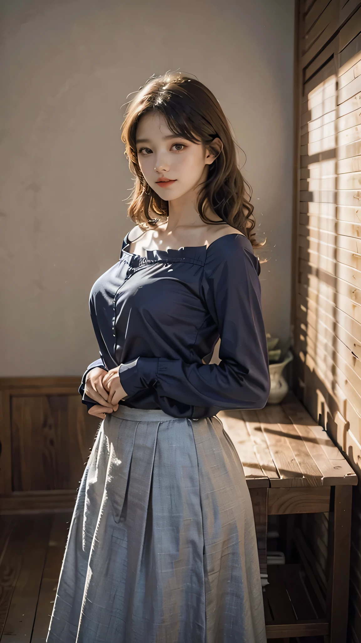 detailed background, masterpiece, best quality, 1 person , curly hair, long hair, purple eyes, star in eye , blue Strapless blouse, long skirt, cute different poses, indoor wood furniture