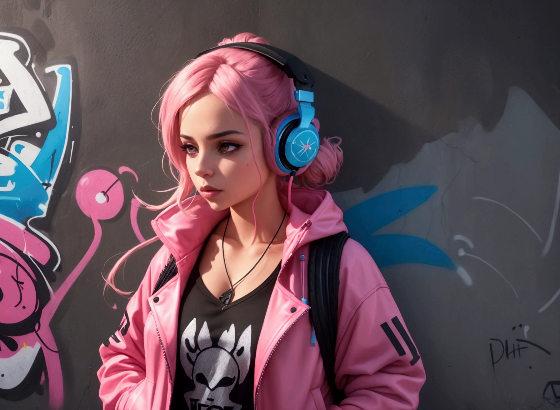 An interesting and visually descriptive image of a woman standing in front of a graffiti-covered wall, wearing a stylish pair of headphones and nodding her head to the beat of hip hop music.