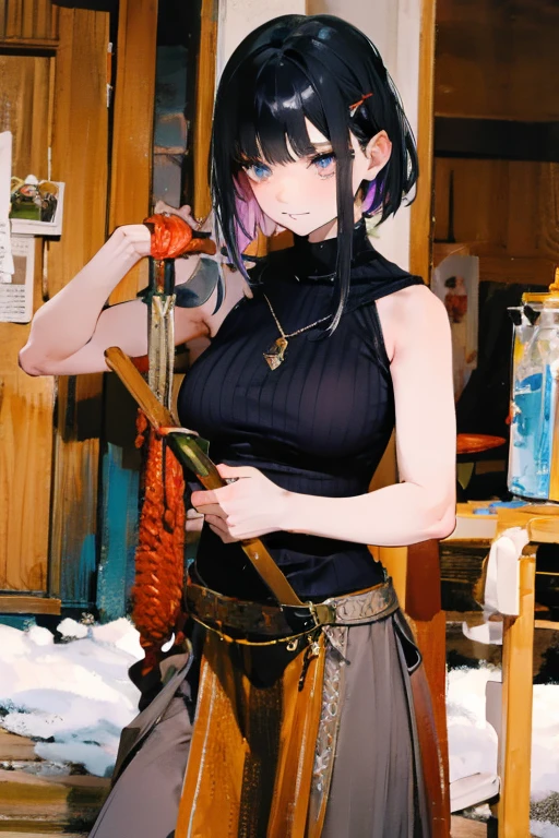 A black-haired girl wears viking helmet wields the Heavy Thrusting Swords from within the Elden Ring in a reverse grip.