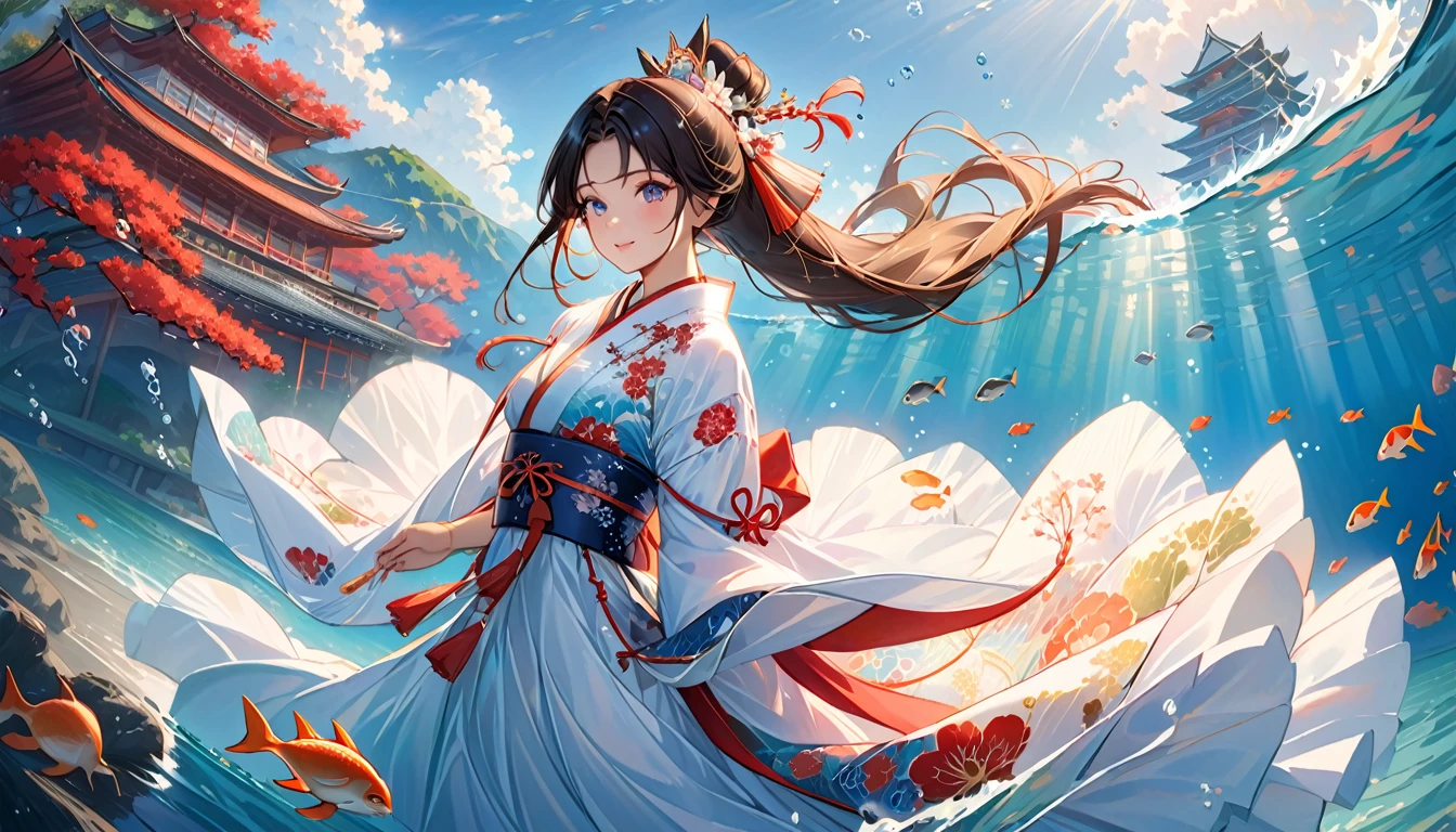 A highly realistic depiction of Otohime, the beautiful princess from Japanese folklore. She is depicted in an underwater palace, wearing a stunning, flowing kimono adorned with intricate patterns and ocean-themed designs. Her long, silky hair cascades down her back, and she has a serene, gentle expression on her face, with her face shown more prominently. Otohime is surrounded by various marine creatures, such as fish, sea turtles, and coral. The background features the majestic Ryugu-jo palace, with its ornate architecture and glowing light filtering through the water. Ensure the image is vertical and captures the elegance and beauty of Otohime in a highly realistic style. Make her face larger and more detailed.