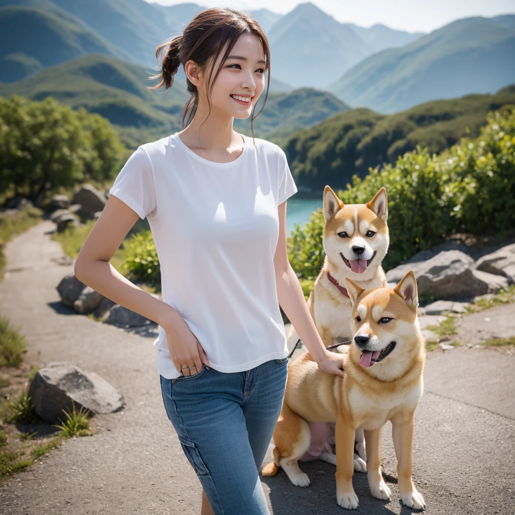 Flowing with crystal clear water,Beautiful mountains in the background々,(Girl taking a walk with a puppy:1.3),(Shiba Inu:1.3),Have a lead,Very Big White T-Shirt,cargo pants, Smiling Kindly、(Beautiful girls)、(Short reddish brown hair、hairpin、ponytail、Floating Hair、)huge 、A smile that captivates the viewer、Take a look at the photographer、Sweaty skin、Staring at the audience,Pointed red mouth,Perfect round face,,Proper body balance,Intricate details,Very delicate and beautiful hair,Photo Real,dream-like,Professional Lighting,Realistic Shadows,Beautiful Hands,Beautiful fingers,Detailed characteristics of the fingers,Detailed arm functions,Detailed clothing features,Detailed hair features,Detailed facial features,(Tabletop,Highest quality,Ultra-high resolution output images,) ,(8K quality,),(Picture Mode Ultra HD,)