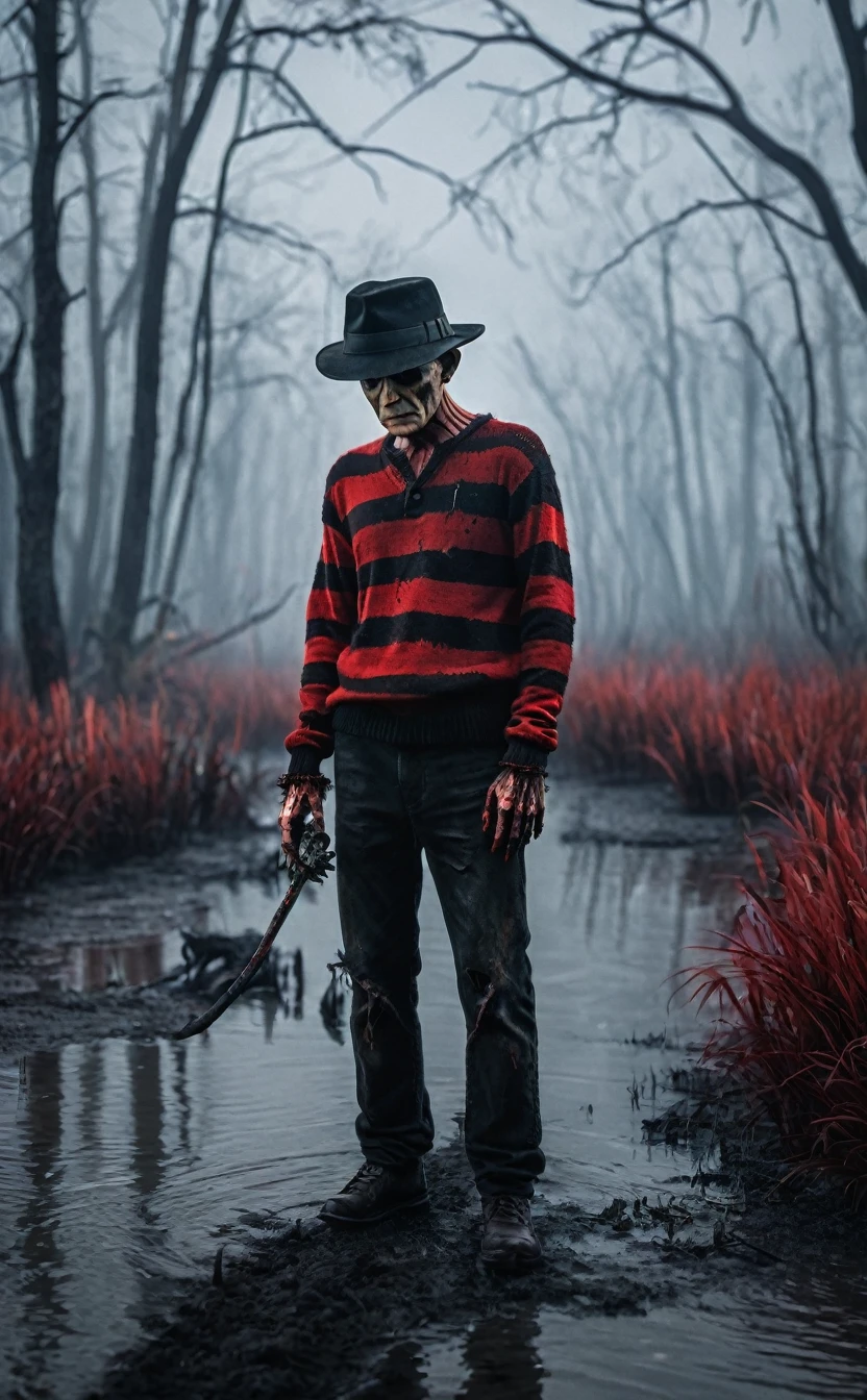 ８ｋ、Dark fantasy、,Ultra HD、Amazing image quality,４ｋ、A Nightmare on Elm Street、Freddy、Wearing a hat、Burned Skin、Red and black striped sweater、nails are long、Full Body Shot,Give the viewer a malicious look, Grabbing Viewer, For the viewer,Misty marshland background,Shallow depth of field, Vignette, Very detailed, High budget, Bokeh, CinemaScope, Sulky, amazing, nice, Film Grain, granular . Creepy, Anxious, dark, Creepyな, Suspenseful, strict, Very detailed