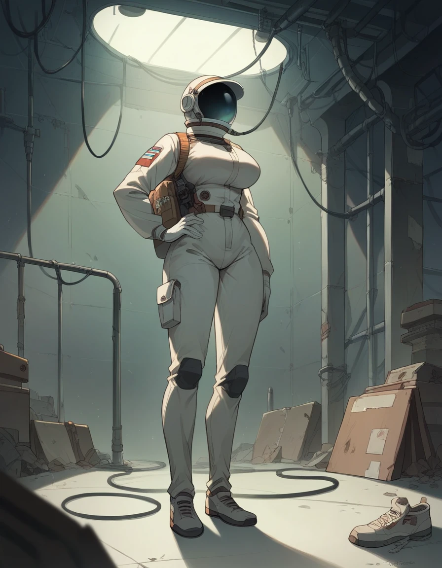 Masterpiece, best quality, Masterpiece, best quality, 1 woman, astronaut suit , wear a hat , big breasts , abdomen , Long legs , Put your hands on your hips... , shoe , full body , abandoned factory , at night