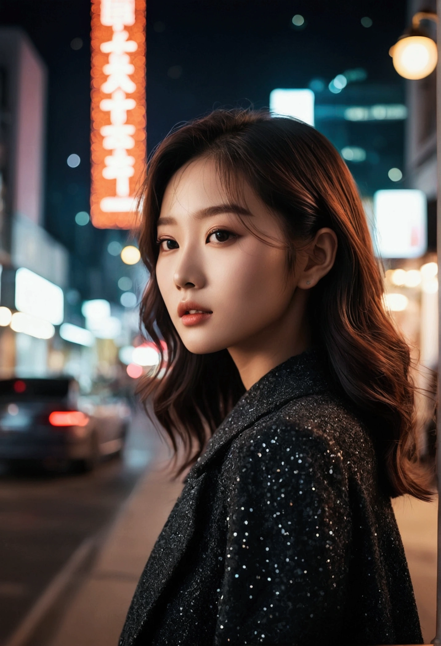 (Cinematic Aesthetic:1.4) Photo of a beautiful korean fashion model bokeh city night