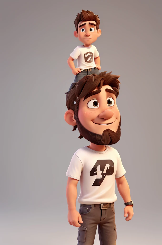 white man, 40 years old, strong masculine features, goatee, short messy brown hair, brown eyes, white t-shirt, jeans, black sneakers with white stripes, high definition, Pixar 3D style, 16k