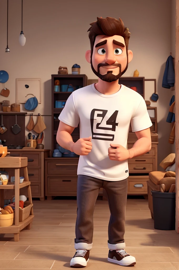 white man, 40 years old, strong masculine features, goatee, short messy brown hair, brown eyes, white t-shirt, jeans, black sneakers with white stripes, high definition, Pixar 3D style, 16k