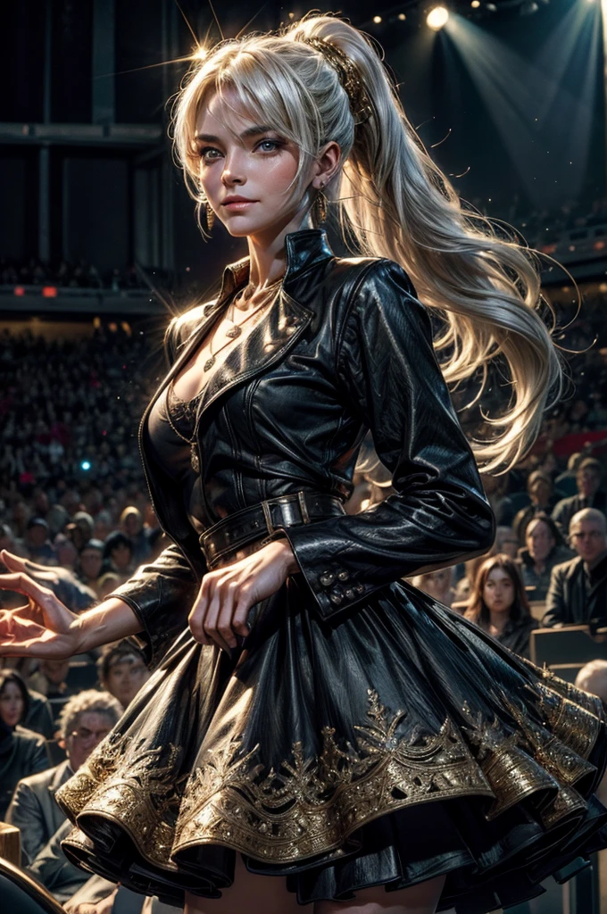 (masterpiece, best quality:1.2), cowboy shot, weissvale, smile, closed mouth,  looking at viewer, long white hair, side ponytail, scar above eye, scar below eye, gold gala dress,  jewelry, necklace, earrings, future_urban, standing in theater, holding microphone, orchestra, audience, crowd, (volumetric lighting), intricate details, tonemapping, sharp focus, hyper detailed 