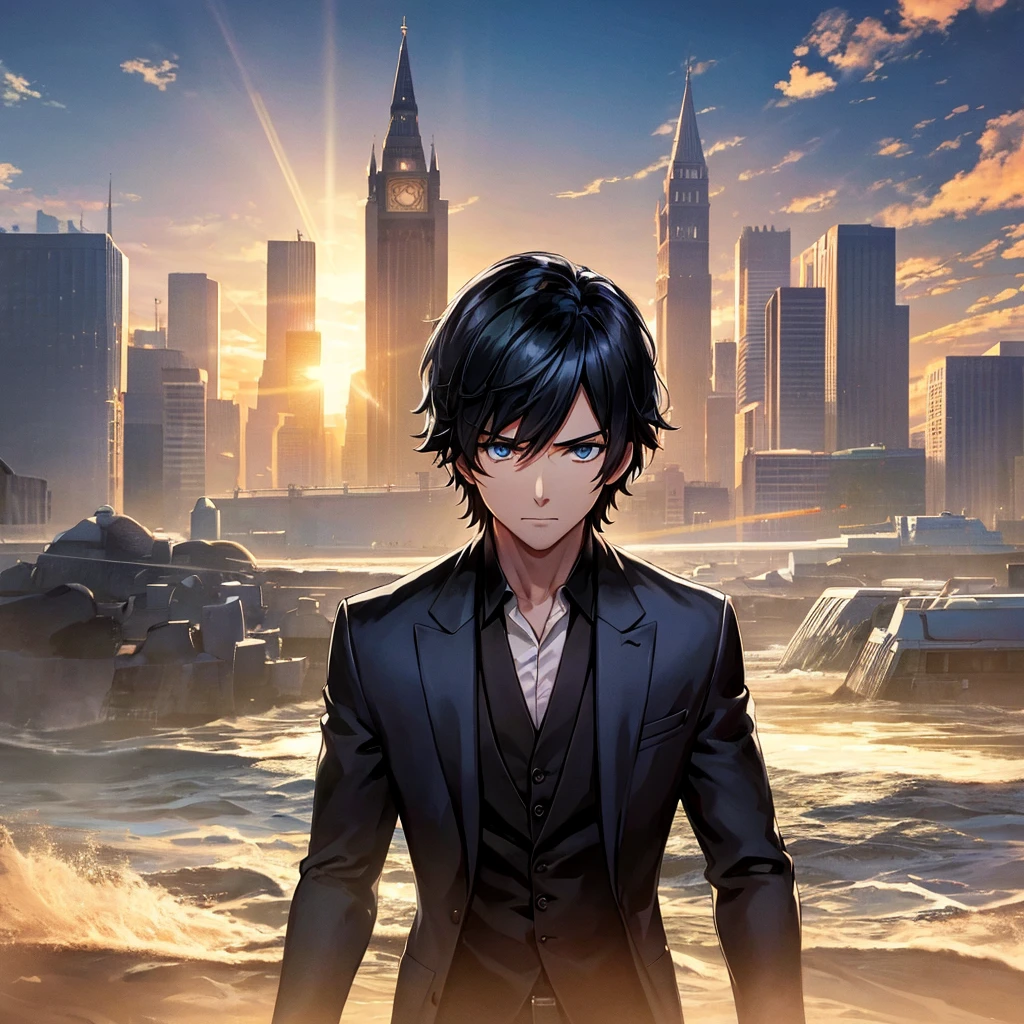 1boy, short black hair, light blue eyes, wearing all black suits, castle, sunset, high res, ultrasharp, 8k, masterpiece, looking at viewer