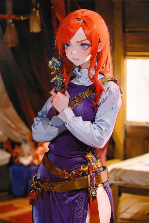 A red-haired girl wields the Heavy Thrusting Swords from within the Elden Ring in a reverse grip.