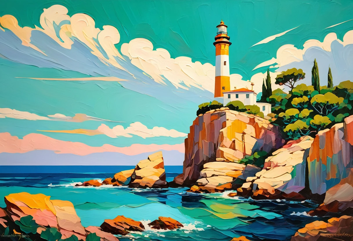 a thick textured oil painting, impasto brushstrokes, dry brushing,revealing underlayers, breathtaking composition, Create an art deco inspired illustration of A scenic lighthouse perched on a rocky coastline, overlooking the turquoise waters of Cala Ratjada. Include vibrant pastel colors, sleek lines, and a retro summer atmosphere. The style should be reminiscent of vintage travel posters with a modern twist, a thick textured oil painting, impasto brushstrokes, dry brushing,revealing underlayers, breathtaking composition