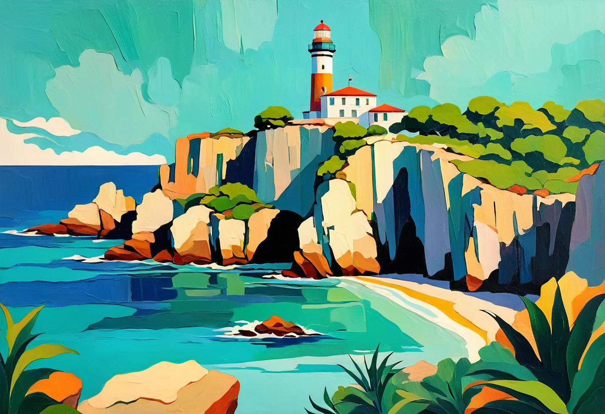 a thick textured oil painting, impasto brushstrokes, dry brushing,revealing underlayers, breathtaking composition, Create an art deco inspired illustration of A scenic lighthouse perched on a rocky coastline, overlooking the turquoise waters of Cala Ratjada. Include vibrant pastel colors, sleek lines, and a retro summer atmosphere. The style should be reminiscent of vintage travel posters with a modern twist, a thick textured oil painting, impasto brushstrokes, dry brushing,revealing underlayers, breathtaking composition