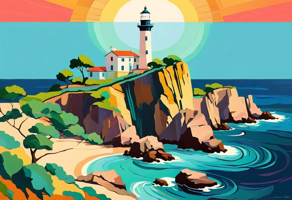 a thick textured oil painting, impasto brushstrokes, dry brushing,revealing underlayers, breathtaking composition, Create an art deco inspired illustration of A scenic lighthouse perched on a rocky coastline, overlooking the turquoise waters of Cala Ratjada. Include vibrant pastel colors, sleek lines, and a retro summer atmosphere. The style should be reminiscent of vintage travel posters with a modern twist, a thick textured oil painting, impasto brushstrokes, dry brushing,revealing underlayers, breathtaking composition
