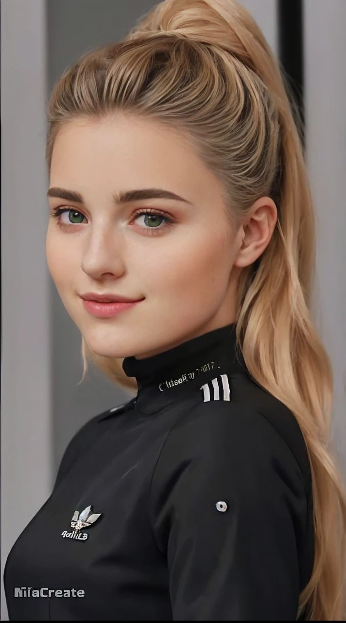 analog style, photo of a woman, 24yo, (1woman), ( brown ponytail), ((pretty face: 1.7, perfect face:1.5)), green eyes,
pale skin, shinny skin, ((militar jacket)), gesturing with hands, in a power big nacked