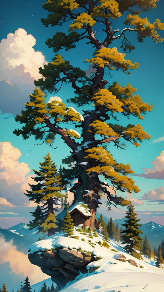 A top of Rocky mountain with a big beautiful tree. Greeny environment with pretty clouds