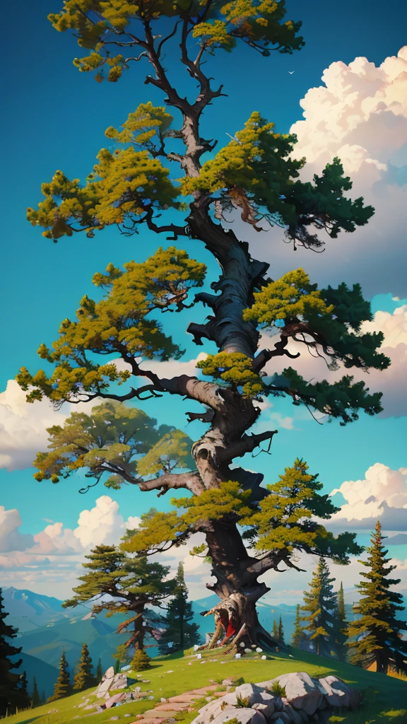 A top of Rocky mountain with a big beautiful tree. Greeny environment with pretty clouds