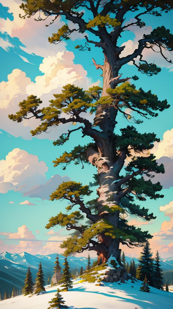 A top of Rocky mountain with a big beautiful tree. Greeny environment with pretty clouds