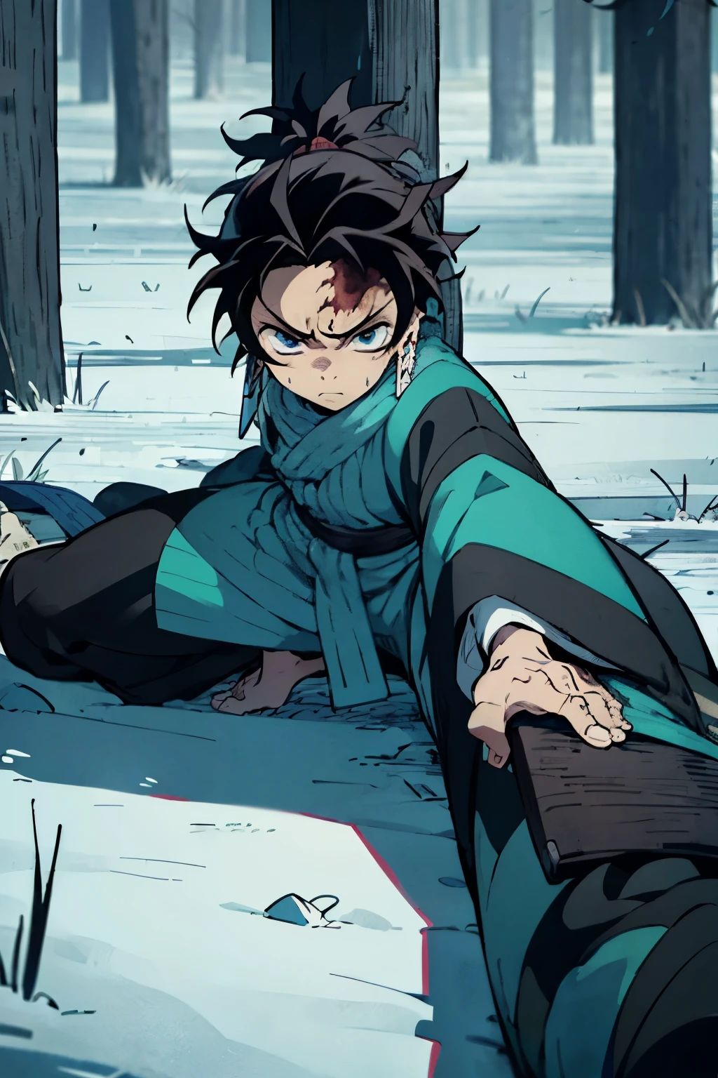 Demon Slayer's Zenitsu, lying on the ground, trembling with fear, eyes wide with terror. His distinctive spiky hair stands upright, contrasting with his white demon slayer outfit. A fierce demon looms over him, its dark aura filling the air. Despite his fear, Zenitsu clenches his fists, determination etched on his face, ready to face his fear.