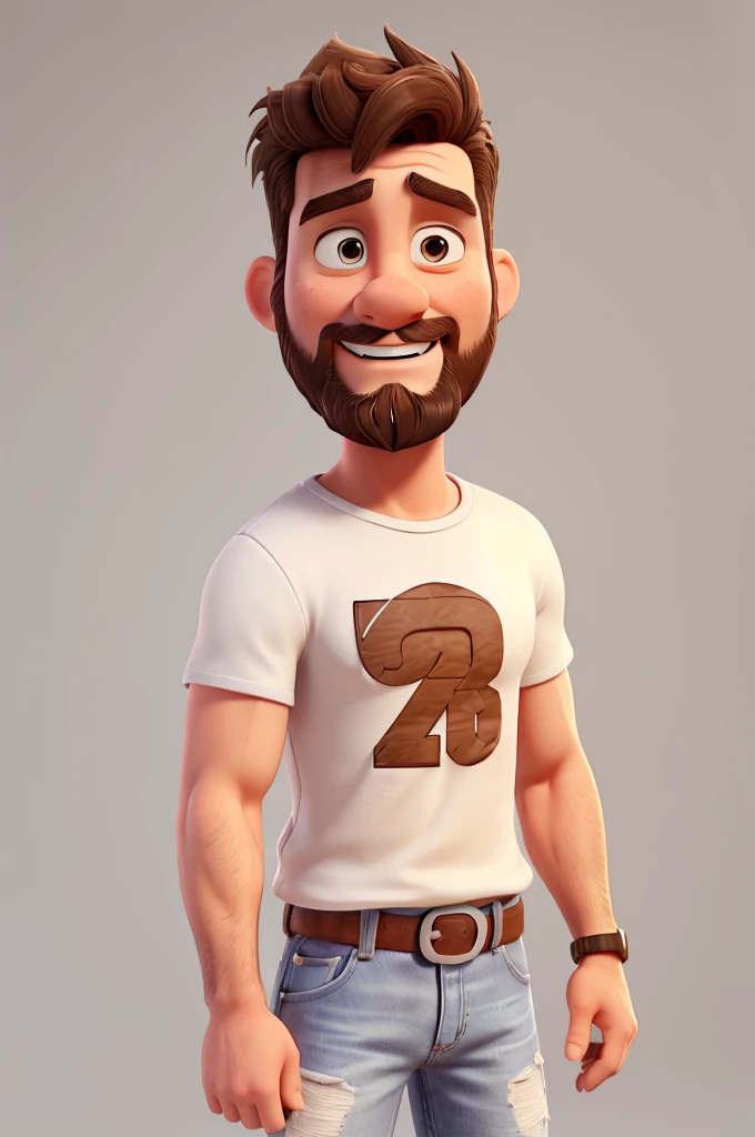 white man, 40 years old, strong masculine features, failed beard, short messy brown hair, brown eyes, white t-shirt, jeans, black sneakers with white stripes, high definition, Pixar 3D style, 16k