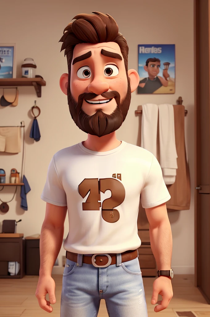 white man, 40 years old, strong masculine features, failed beard, short messy brown hair, brown eyes, white t-shirt, jeans, black sneakers with white stripes, high definition, Pixar 3D style, 16k