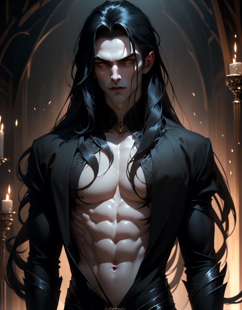 {anatomy}(Masterpiece - Ultra-detailed, very high resolution) Prepare to be enchanted by a true masterpiece that combines ultra-detailed art with high-resolution rendering. This work portrays a vampire man with long black hair (1.3) and captivating golden eyes (1.2), emanating an aura of mystery in dark settings. The intricate details and realistic textures invite you to explore every aspect of this enchanting composition. Vampire man. Black tunic. Serious expressions. Pale skin like a vampire. Walking, writing, standing, backwards, dynamic poses.