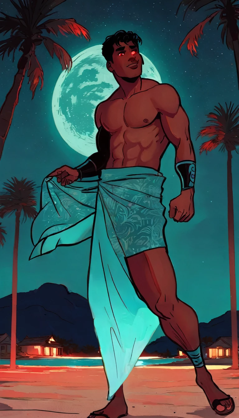 gabriel picolo, solo,1boy, muscular, pectorals, dark skin, black hair, glowing eyes, red eyes, mole under eye, wild hair, pelvic curtain, sandals, night, moon, star \(sky\), palm tree, (turquoise theme), 