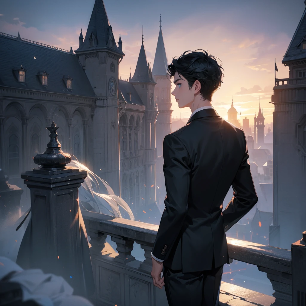 1boy, short black hair, light blue eyes, wearing all black suits, castle, sunset, high res, ultrasharp, 8k, masterpiece, looking at viewer from behind