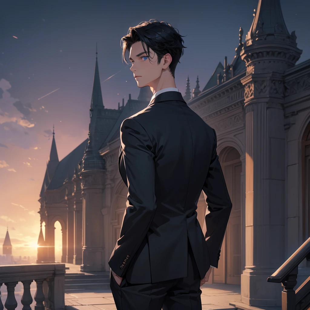 1boy, short black hair, light blue eyes, wearing all black suits, castle, sunset, high res, ultrasharp, 8k, masterpiece, looking at viewer from behind