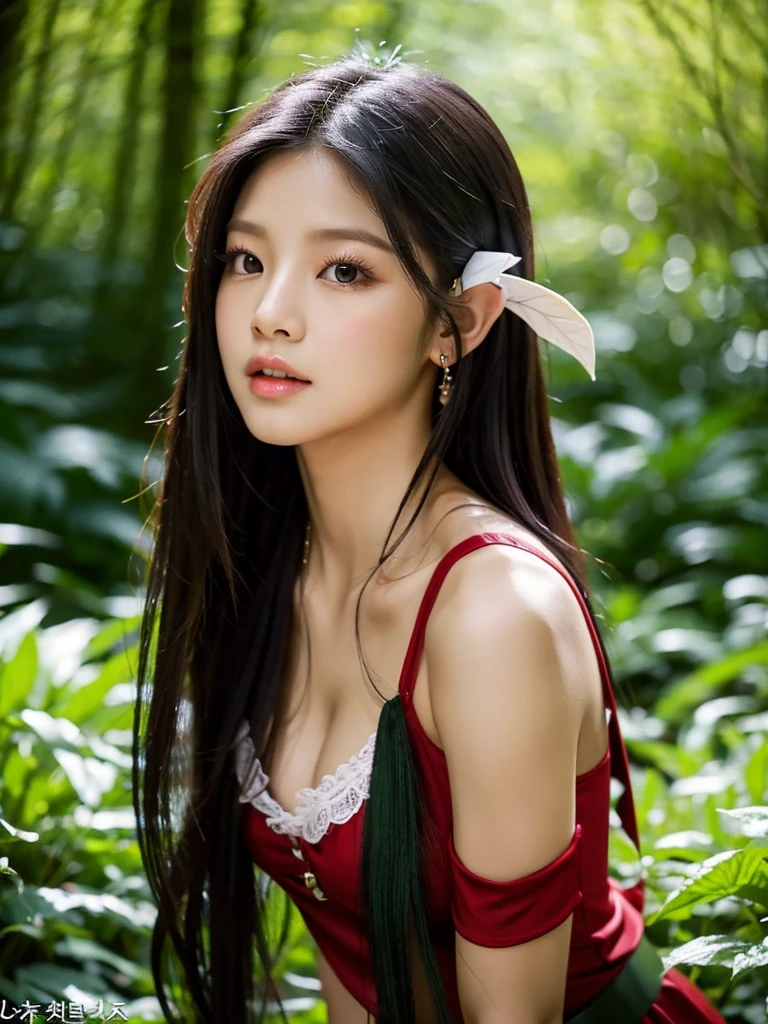 Create an image of Kim Jennie from blackpink. In a lush forest with dark colors. Raven haired, with hair behind the shoulders AND SHORT SHORT SHORT (important), dressed as an elf. Preferably busty and not too remote. 