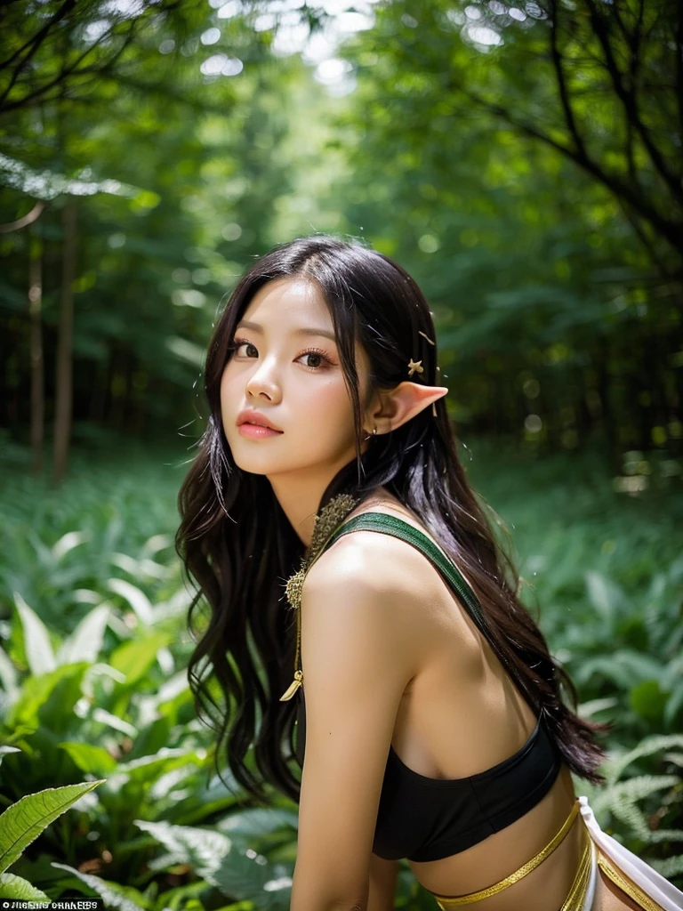 Create an image of Kim Jennie from blackpink. In a lush forest with dark colors. Raven haired, with hair behind the shoulders AND SHORT SHORT SHORT (important), dressed as an elf. Preferably busty and not too remote. 