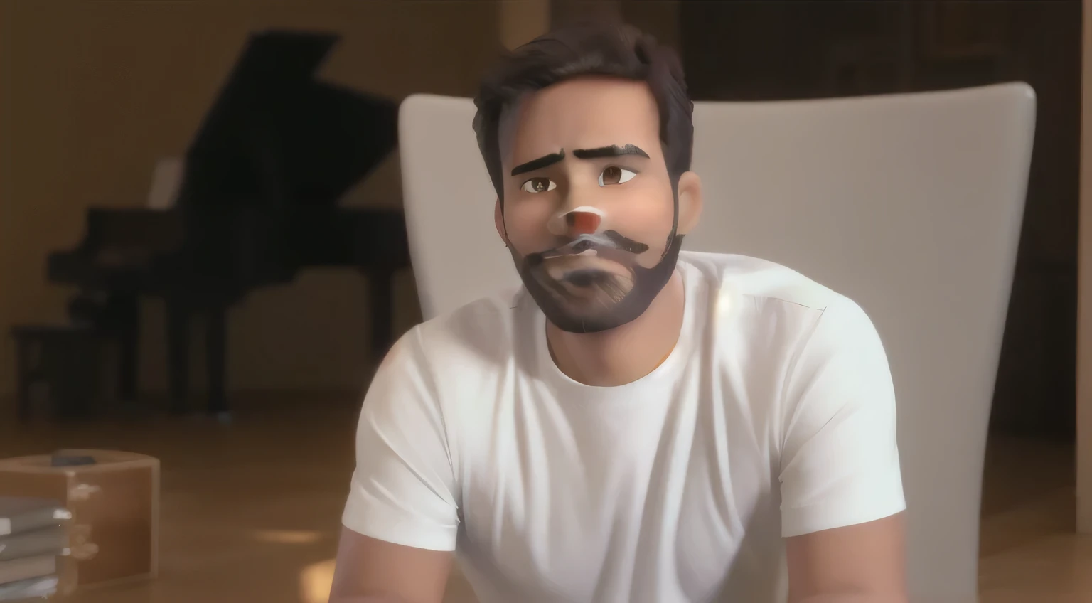 man dark brown hair, Short and neat, brown dark eyes, medium brown skin, Height Approximately 1,75 m, Well defined physique, Square face with defined chin, thin, well-trimmed beard and mustache. 
Personality Energetic and enthusiastic, friendly smile, look closely. 
Clothing: blue polo, jeans, wristwatch. 

disney pixar style 