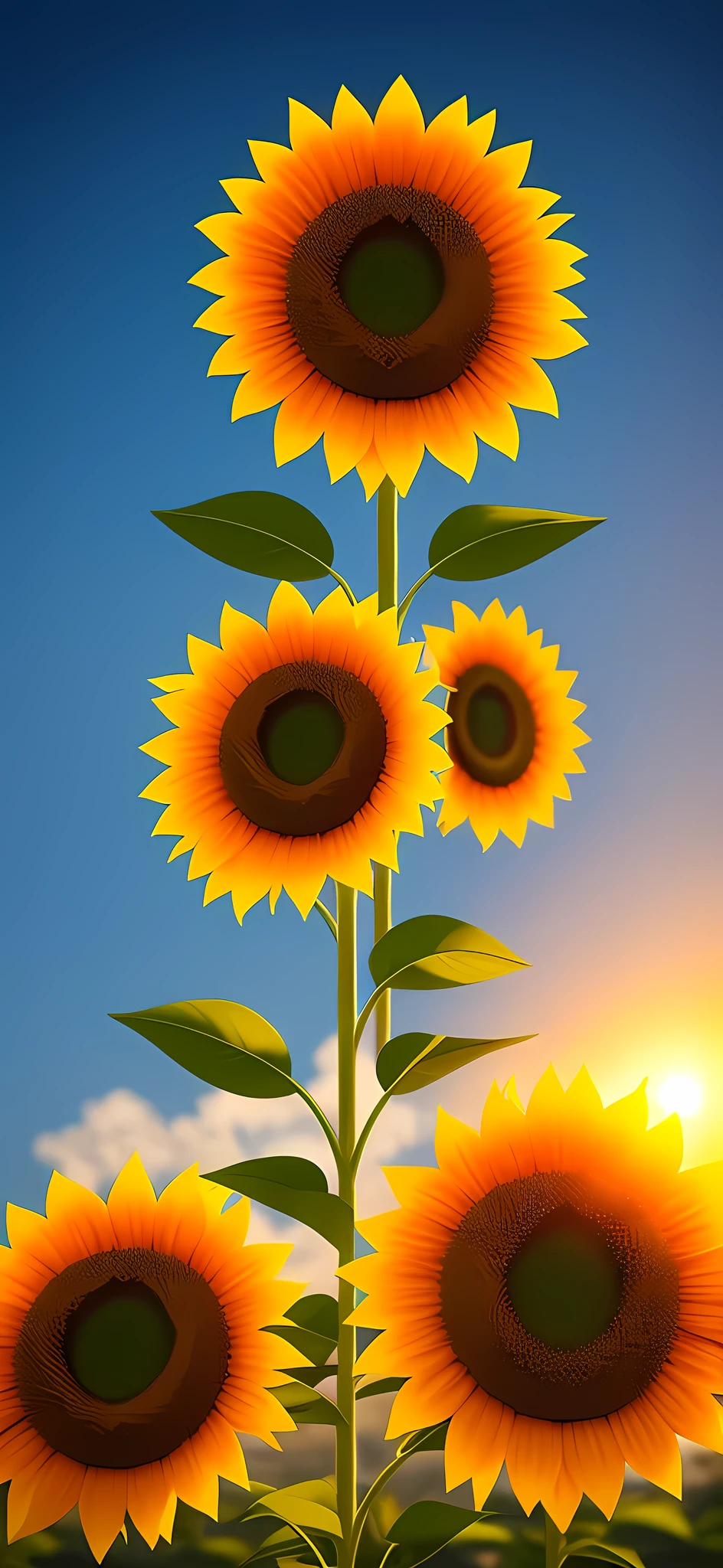 Create a 3D sunflower image that appears to be floating on the mobile screen, 3d (cyborg:1.1), hdr, details, hyperdetailed:1.2), Vignette, centered