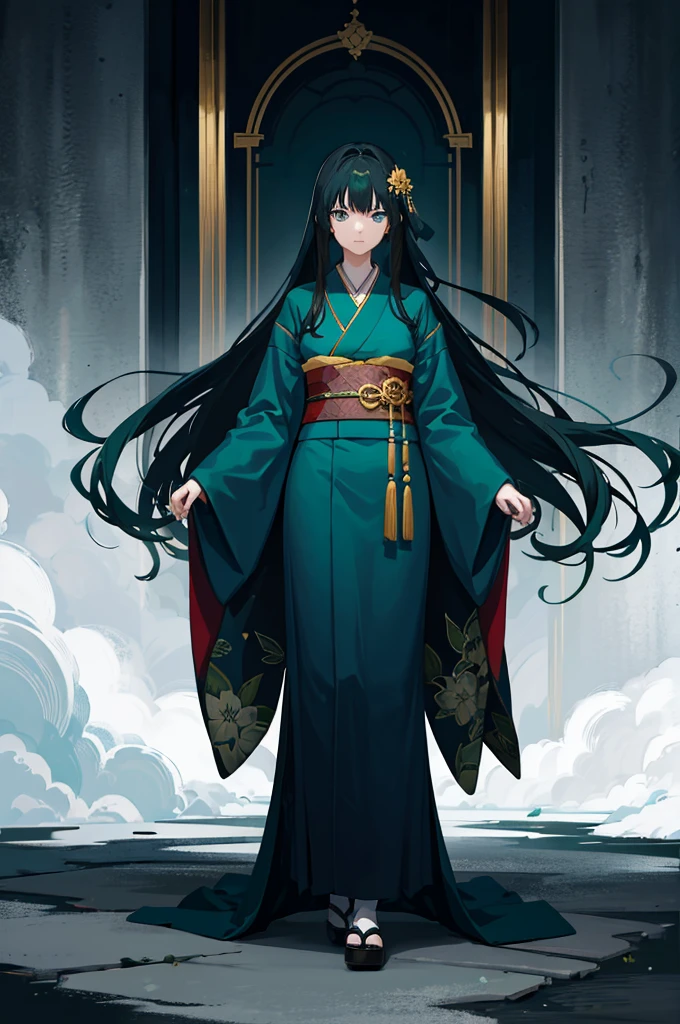 1woman, dark green hair, long hair, blue eyes, kimono, standing on ground, high res, ultra sharp, 8K, masterpiece