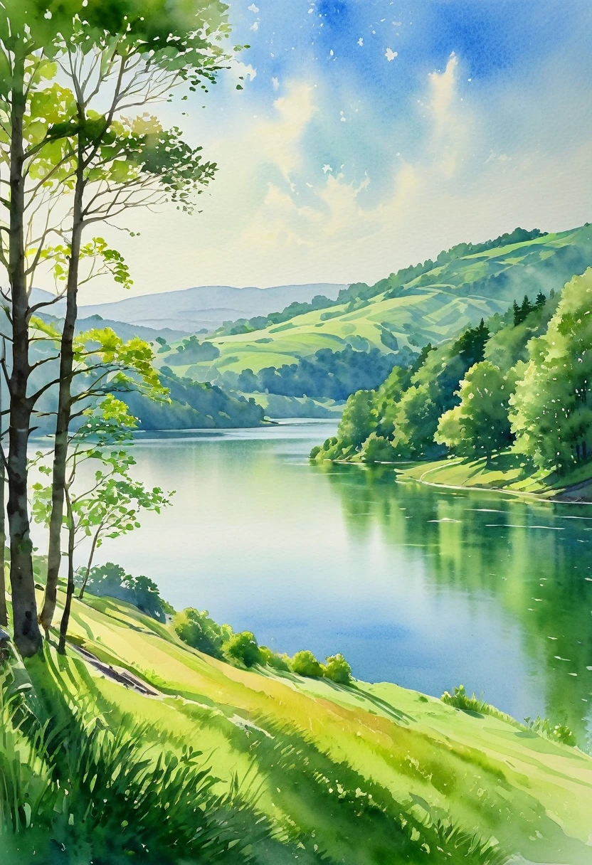 a serene watercolor landscape, rolling green hills, tranquil lake reflecting the sky, lush forest in the distance, sunlight filtering through the trees, soft brushstrokes, vibrant colors, atmospheric haze, detailed foliage, picturesque scenery, beautiful natural environment, (best quality,8k,highres,masterpiece:1.2),ultra-detailed,photorealistic,vivid colors,soft lighting