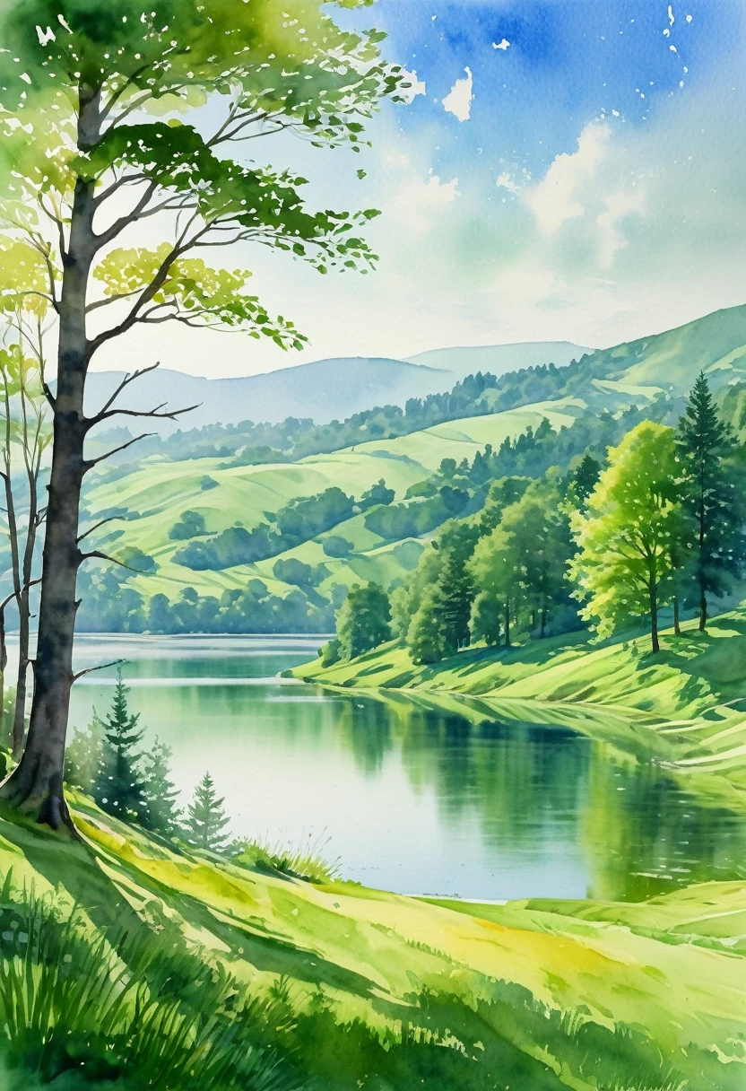 a serene watercolor landscape, rolling green hills, tranquil lake reflecting the sky, lush forest in the distance, sunlight filtering through the trees, soft brushstrokes, vibrant colors, atmospheric haze, detailed foliage, picturesque scenery, beautiful natural environment, (best quality,8k,highres,masterpiece:1.2),ultra-detailed,photorealistic,vivid colors,soft lighting