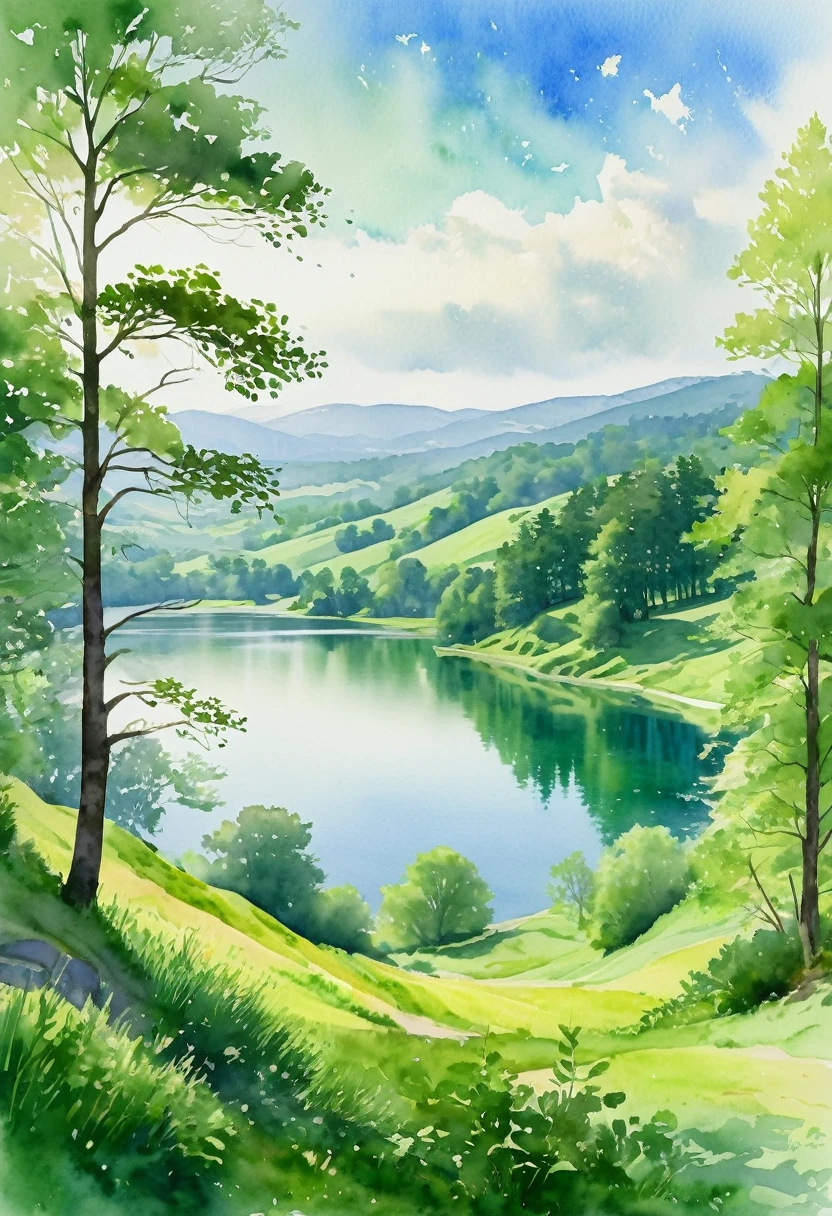 a serene watercolor landscape, rolling green hills, tranquil lake reflecting the sky, lush forest in the distance, sunlight filtering through the trees, soft brushstrokes, vibrant colors, atmospheric haze, detailed foliage, picturesque scenery, beautiful natural environment, (best quality,8k,highres,masterpiece:1.2),ultra-detailed,photorealistic,vivid colors,soft lighting