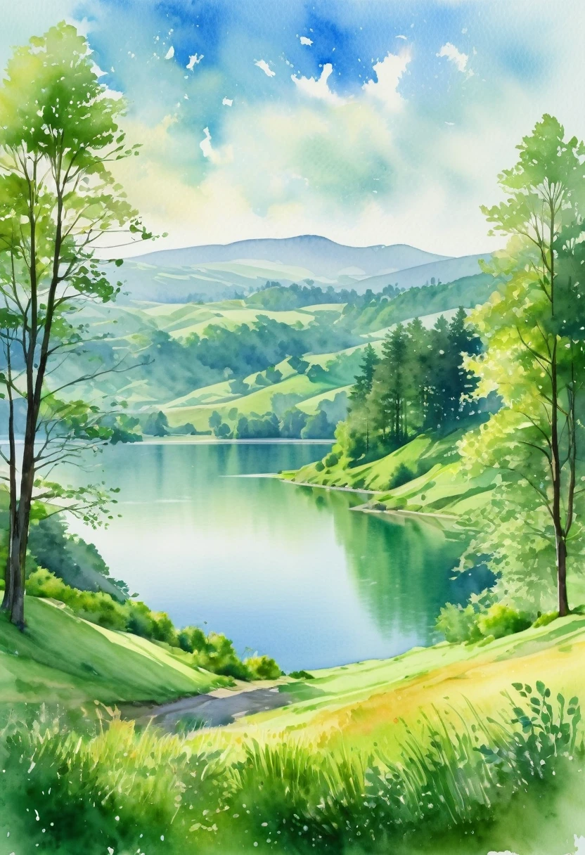 a serene watercolor landscape, rolling green hills, tranquil lake reflecting the sky, lush forest in the distance, sunlight filtering through the trees, soft brushstrokes, vibrant colors, atmospheric haze, detailed foliage, picturesque scenery, beautiful natural environment, (best quality,8k,highres,masterpiece:1.2),ultra-detailed,photorealistic,vivid colors,soft lighting