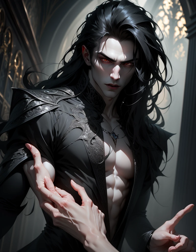 {anatomy}(Masterpiece - Ultra-detailed, very high resolution) Prepare to be enchanted by a true masterpiece that combines ultra-detailed art with high-resolution rendering. This work portrays a vampire man with long black hair (1.3) and captivating golden eyes (1.2), emanating an aura of mystery in dark settings. The intricate details and realistic textures invite you to explore every aspect of this enchanting composition. Vampire man. Black tunic. Serious expressions. Pale skin like a vampire. Walking, backwards, dynamic poses.