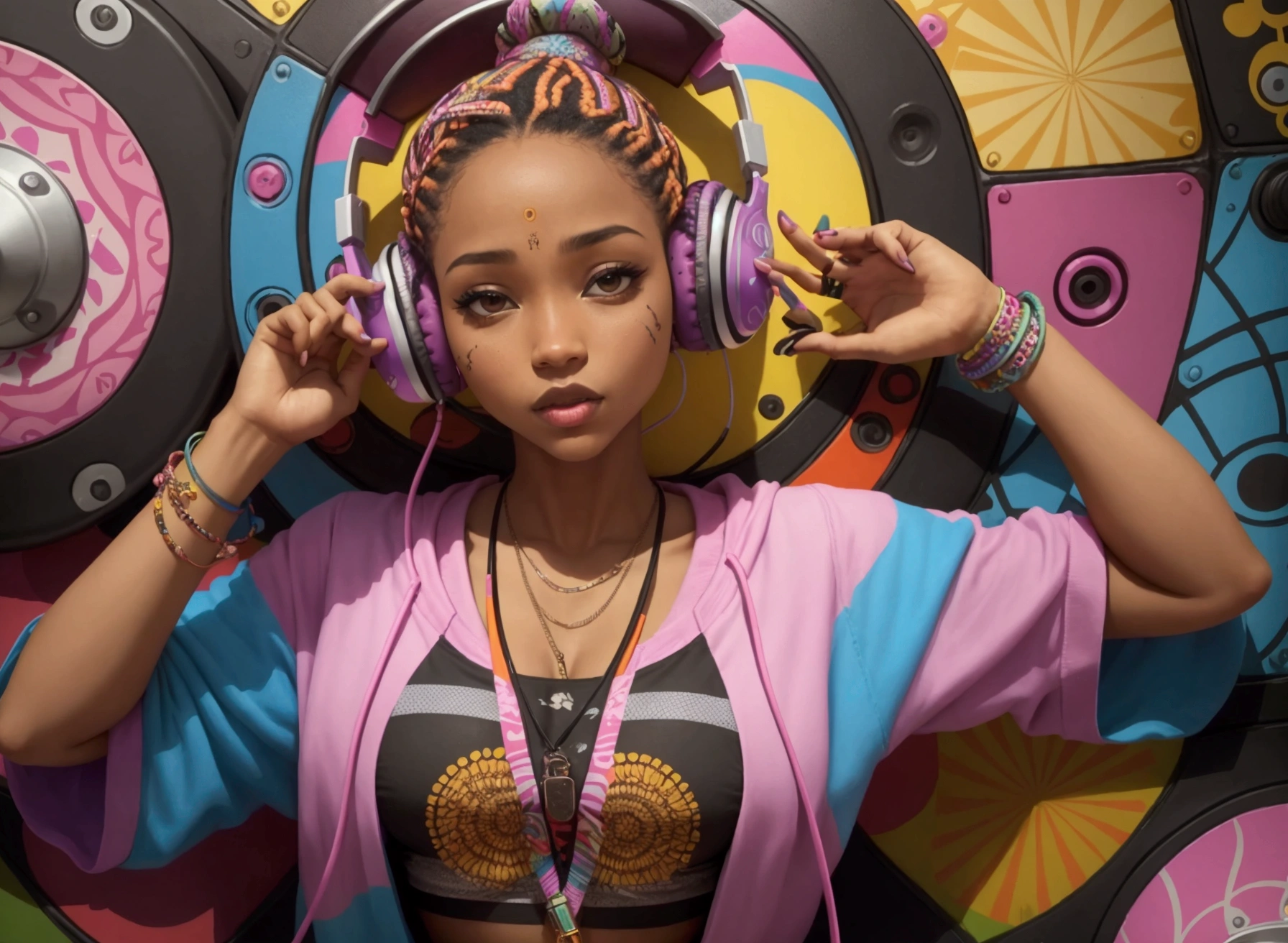 A unique and diverse image of a woman in the center, surrounded by vibrant colors and patterns, wearing a hip hop-inspired outfit and listening to music through her headphones.