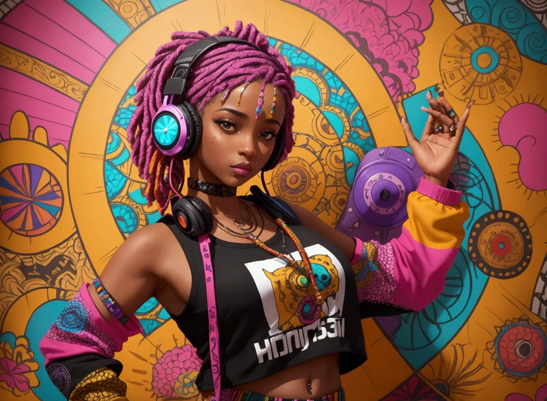 A unique and diverse image of a woman in the center, surrounded by vibrant colors and patterns, wearing a hip hop-inspired outfit and listening to music through her headphones.